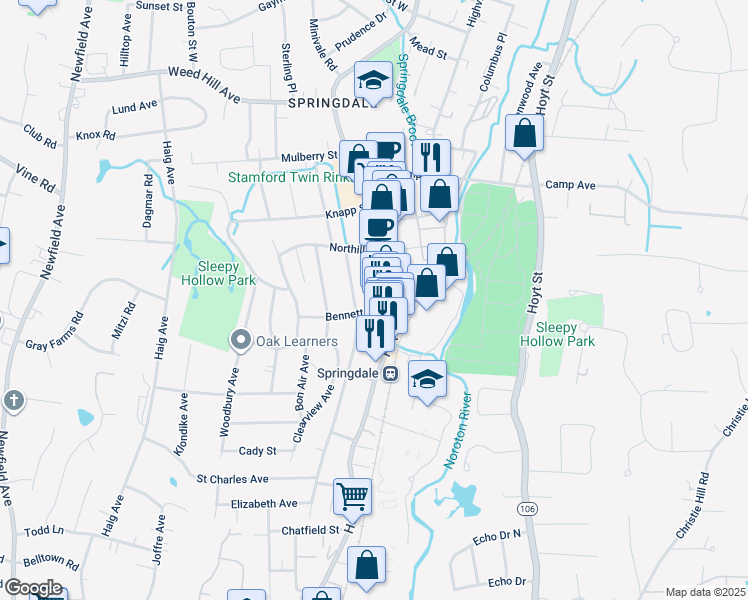 map of restaurants, bars, coffee shops, grocery stores, and more near 942 Hope Street in Stamford