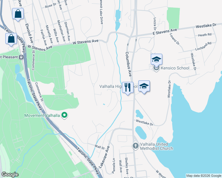 map of restaurants, bars, coffee shops, grocery stores, and more near 16 Highclere Lane in Valhalla