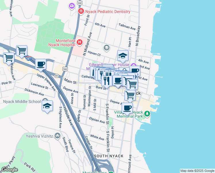 map of restaurants, bars, coffee shops, grocery stores, and more near 144 Main Street in Nyack