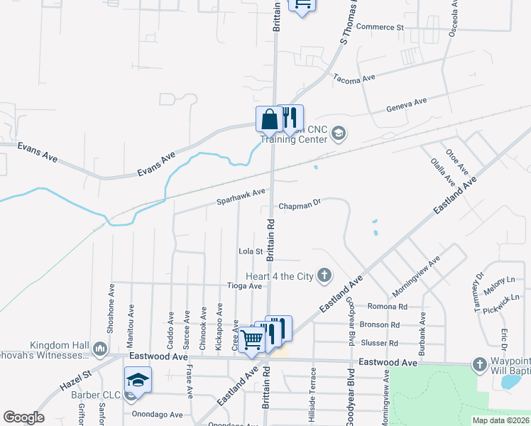 map of restaurants, bars, coffee shops, grocery stores, and more near 1049 Brittain Road in Akron