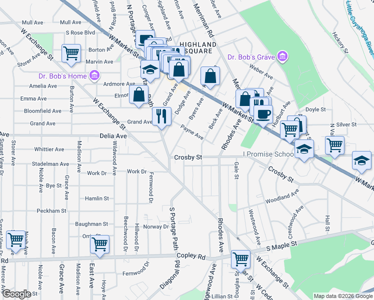 map of restaurants, bars, coffee shops, grocery stores, and more near 697 Crosby Street in Akron