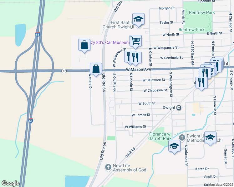 map of restaurants, bars, coffee shops, grocery stores, and more near 305 South Old Route 66 in Dwight