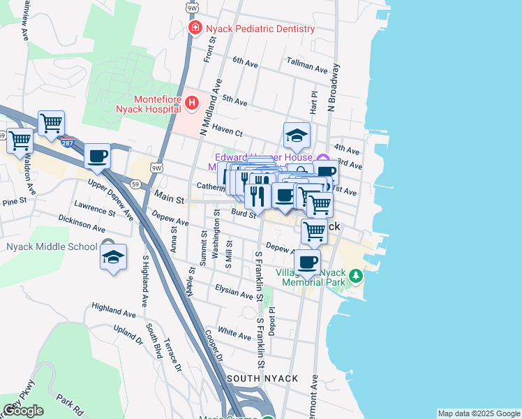 map of restaurants, bars, coffee shops, grocery stores, and more near 144 Main Street in Nyack