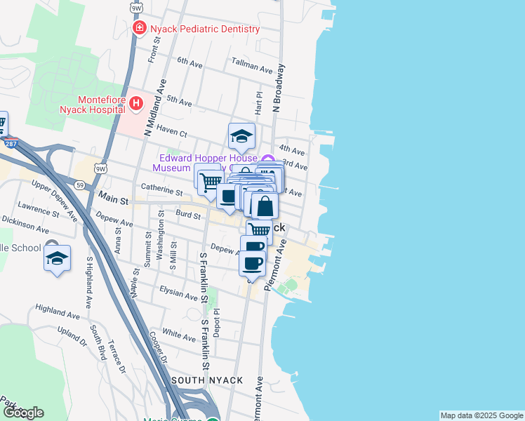 map of restaurants, bars, coffee shops, grocery stores, and more near in Nyack