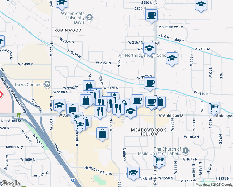 map of restaurants, bars, coffee shops, grocery stores, and more near 700 Antelope Drive in Layton