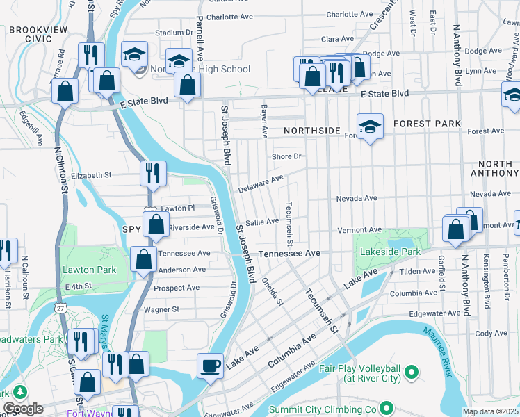 map of restaurants, bars, coffee shops, grocery stores, and more near 1705 Hillside Avenue in Fort Wayne