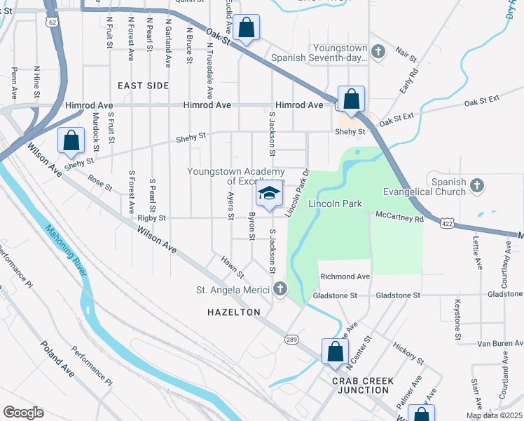 map of restaurants, bars, coffee shops, grocery stores, and more near 1408 Rigby Street in Youngstown