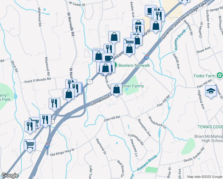 map of restaurants, bars, coffee shops, grocery stores, and more near 51 Richards Avenue in Norwalk