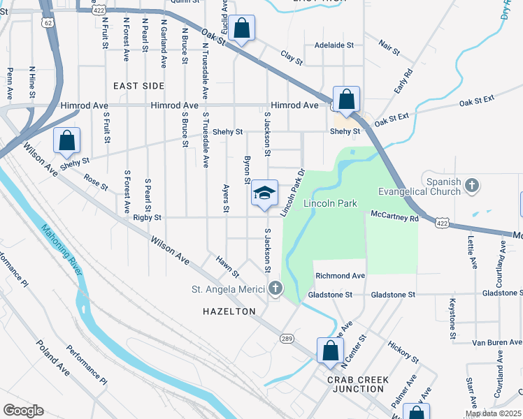 map of restaurants, bars, coffee shops, grocery stores, and more near 1408 Rigby Street in Youngstown
