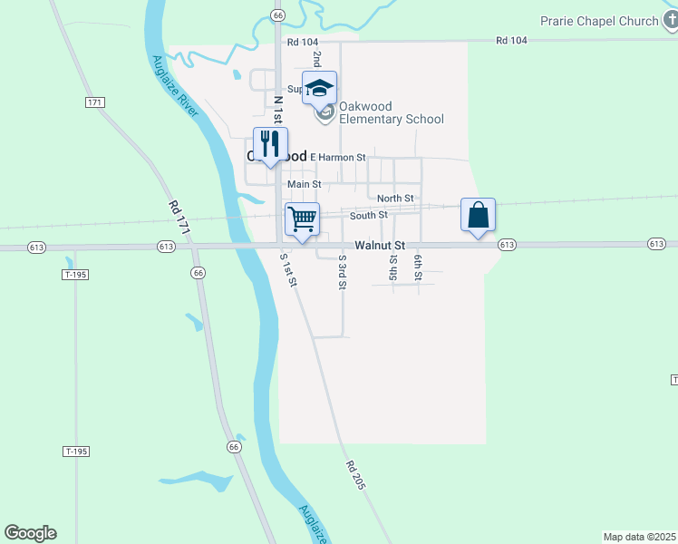 map of restaurants, bars, coffee shops, grocery stores, and more near 108 South 3rd Street in Oakwood