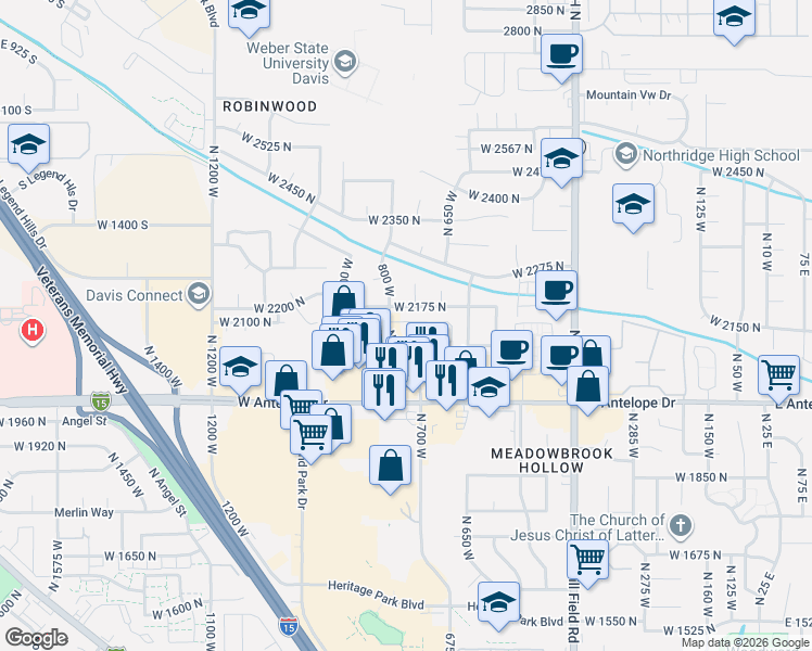 map of restaurants, bars, coffee shops, grocery stores, and more near 781 West 2150 North in Layton