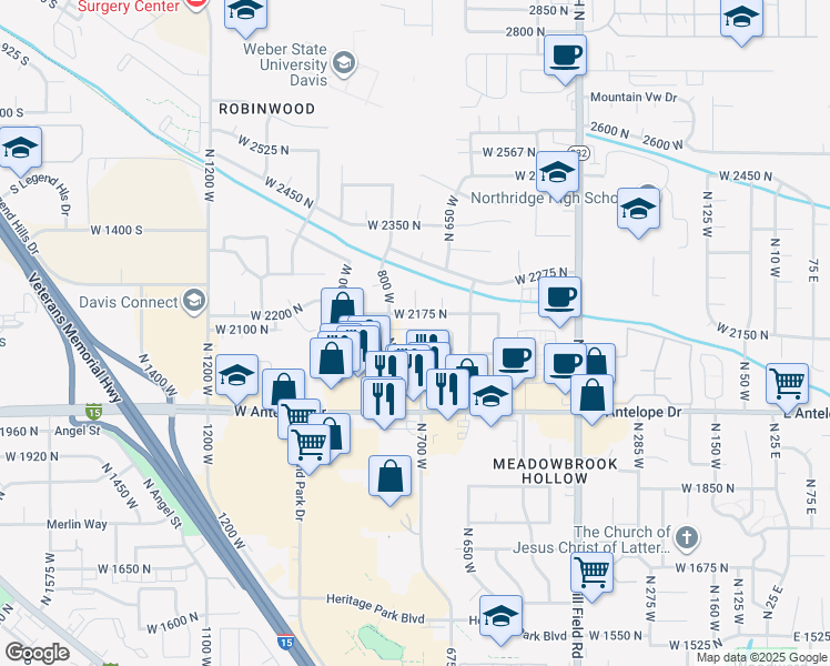 map of restaurants, bars, coffee shops, grocery stores, and more near North 750 West in Layton
