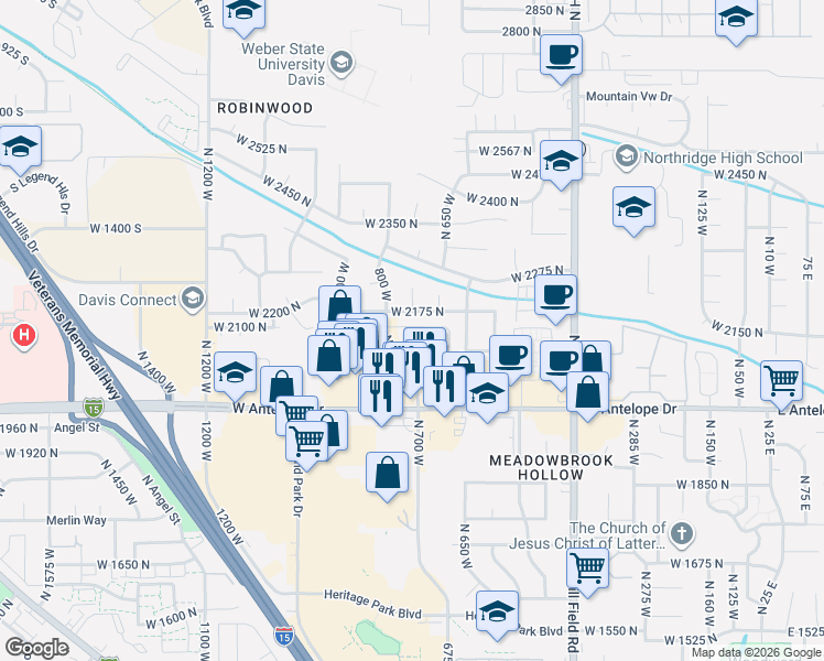 map of restaurants, bars, coffee shops, grocery stores, and more near 2149 North 750 West in Layton