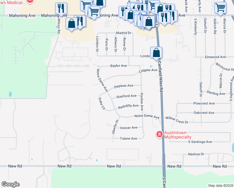 map of restaurants, bars, coffee shops, grocery stores, and more near 5683 Stanford Avenue in Youngstown