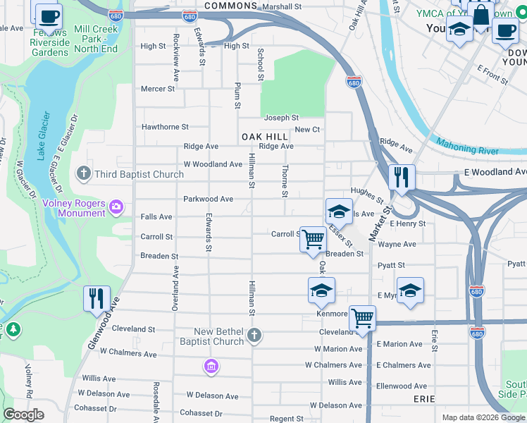 map of restaurants, bars, coffee shops, grocery stores, and more near 904 Hillman Street in Youngstown