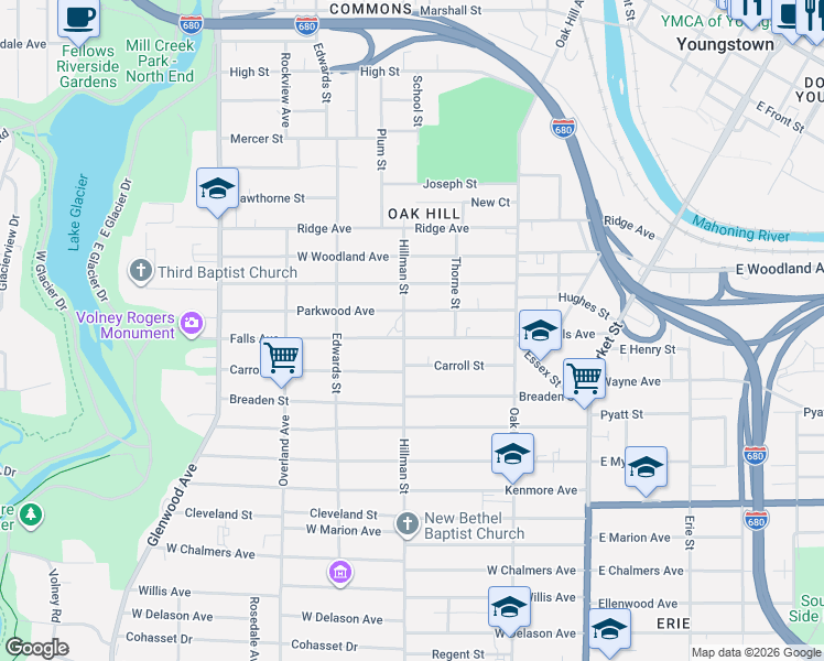 map of restaurants, bars, coffee shops, grocery stores, and more near 904 Hillman Street in Youngstown