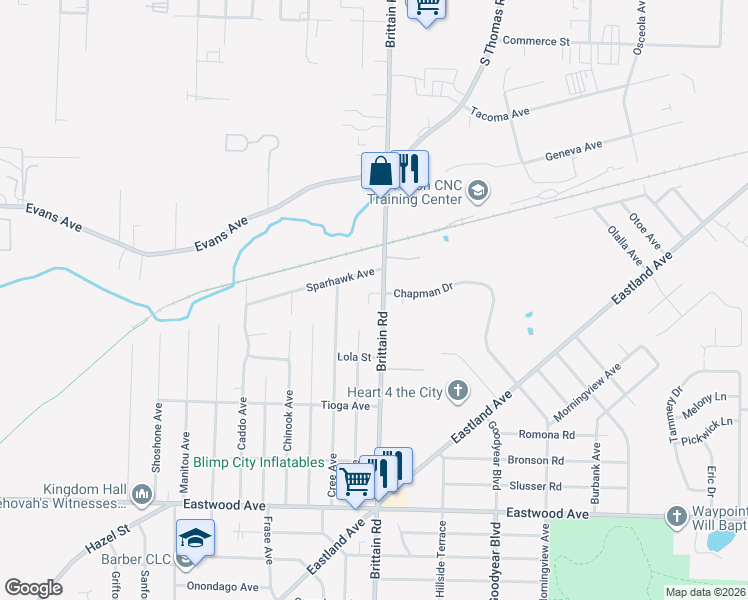 map of restaurants, bars, coffee shops, grocery stores, and more near 1064 Brittain Road in Akron