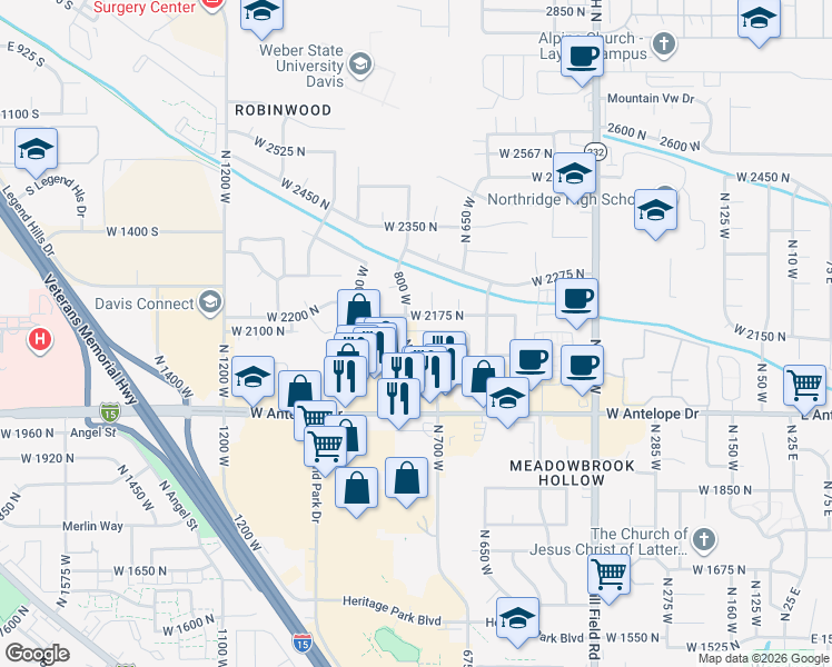 map of restaurants, bars, coffee shops, grocery stores, and more near 2161 Antelope Drive in Layton