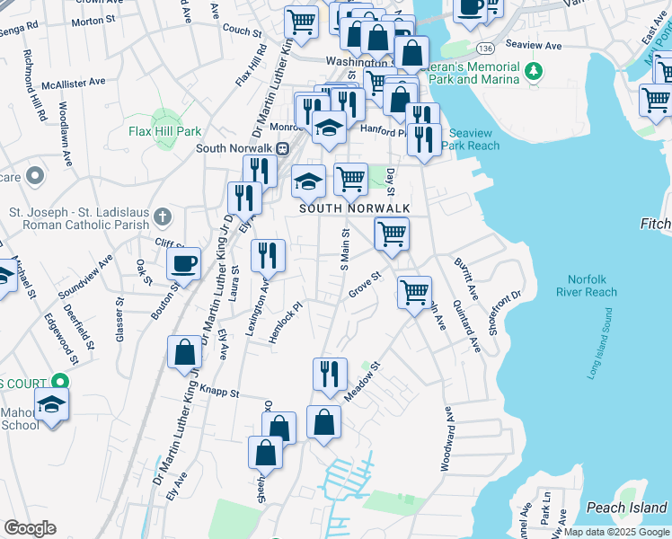 map of restaurants, bars, coffee shops, grocery stores, and more near 146 South Main Street in Norwalk