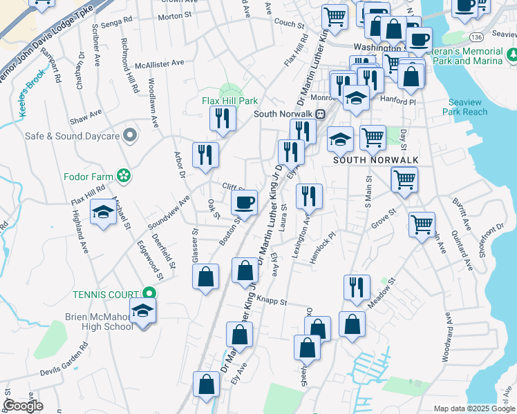 map of restaurants, bars, coffee shops, grocery stores, and more near 30 Bouton Street in Norwalk