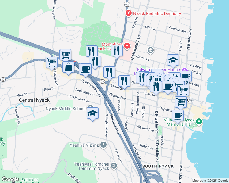 map of restaurants, bars, coffee shops, grocery stores, and more near 220 Depew Avenue in Nyack