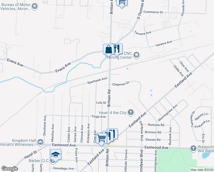map of restaurants, bars, coffee shops, grocery stores, and more near 1049 Brittain Road in Akron