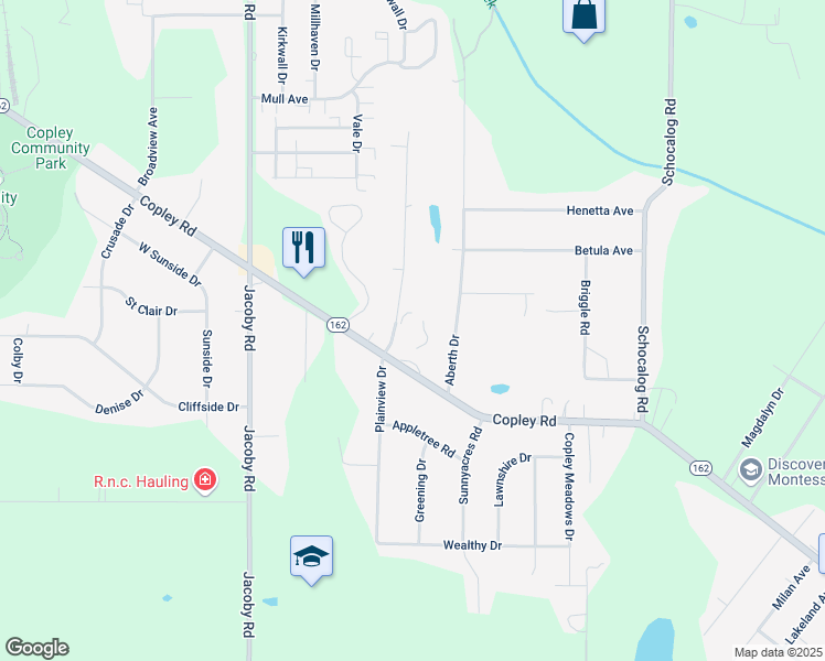 map of restaurants, bars, coffee shops, grocery stores, and more near 2625 Copley Road in Akron