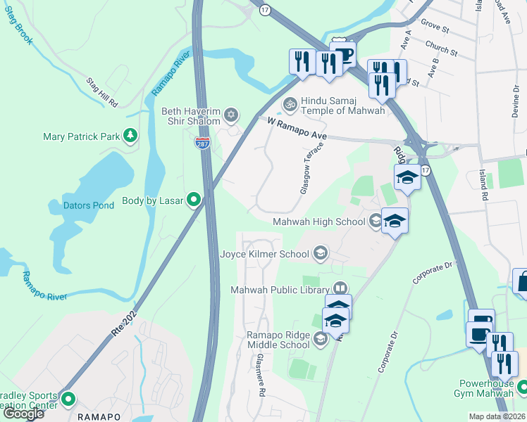 map of restaurants, bars, coffee shops, grocery stores, and more near 71 Glasgow Terrace in Mahwah