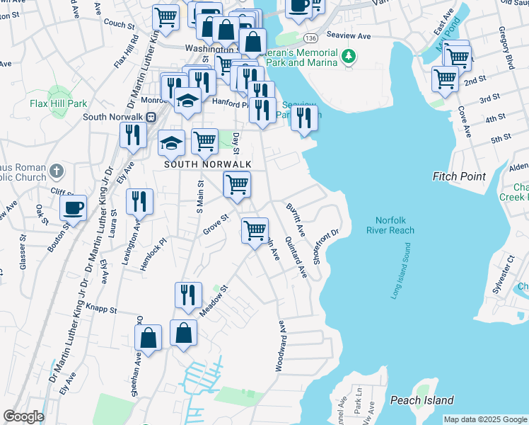 map of restaurants, bars, coffee shops, grocery stores, and more near 62 Woodward Avenue in Norwalk