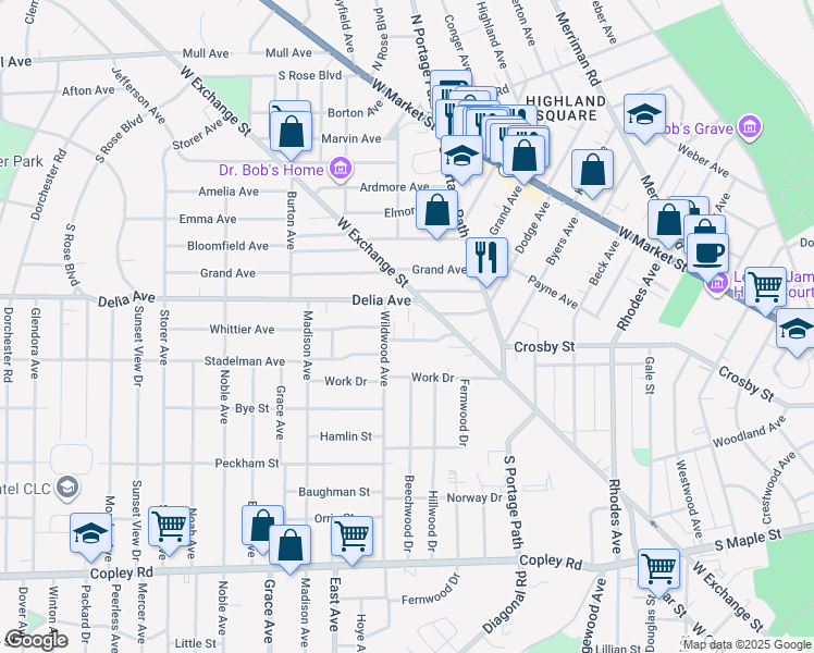 map of restaurants, bars, coffee shops, grocery stores, and more near 238 Bodine Court in Akron