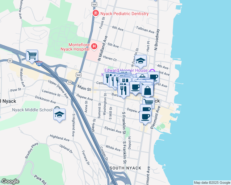 map of restaurants, bars, coffee shops, grocery stores, and more near 150 Burd Street in Nyack