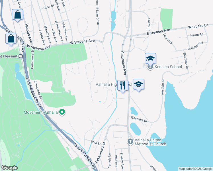 map of restaurants, bars, coffee shops, grocery stores, and more near 16 Highclere Lane in Valhalla