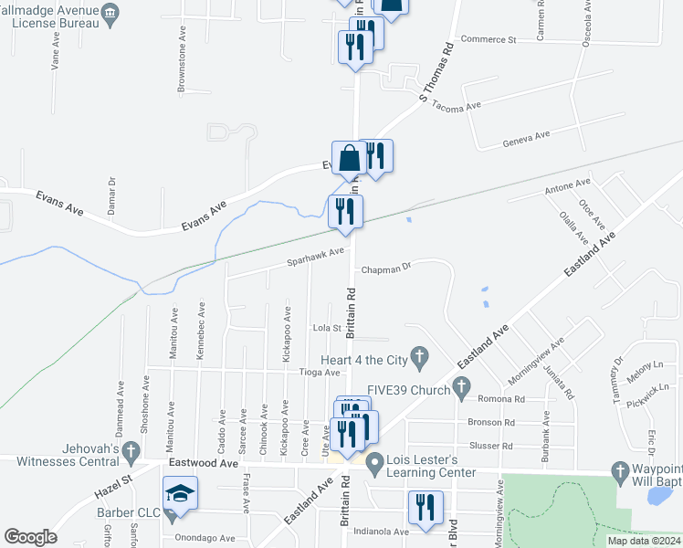 map of restaurants, bars, coffee shops, grocery stores, and more near 1054 Brittain Road in Akron