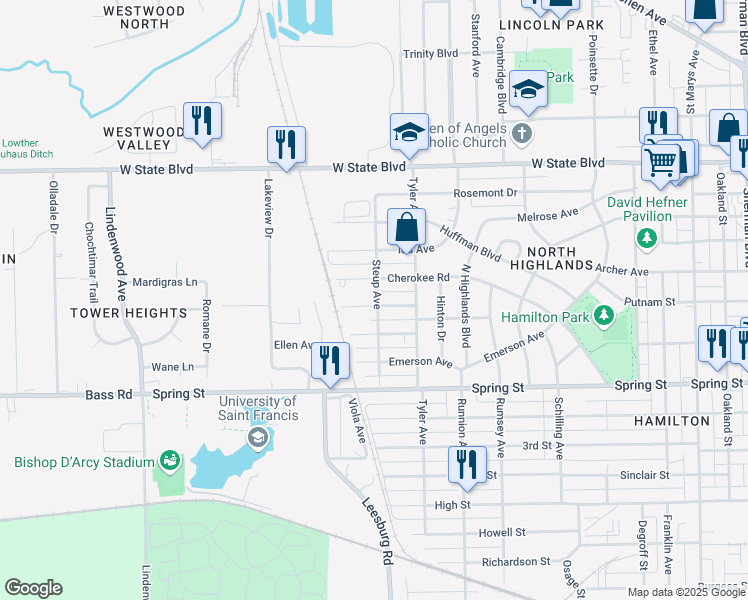 map of restaurants, bars, coffee shops, grocery stores, and more near 2002 Emma Avenue in Fort Wayne