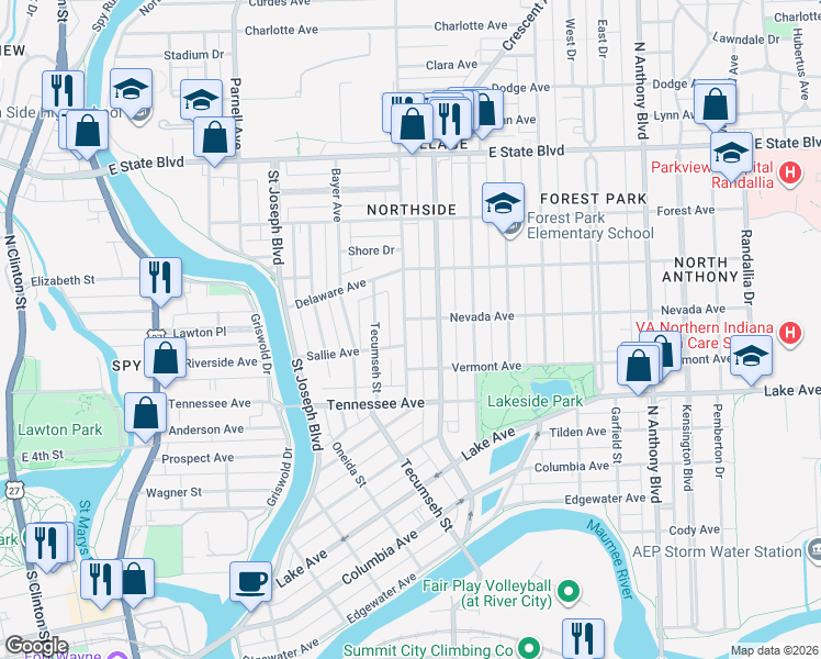 map of restaurants, bars, coffee shops, grocery stores, and more near 1615 Kentucky Avenue in Fort Wayne
