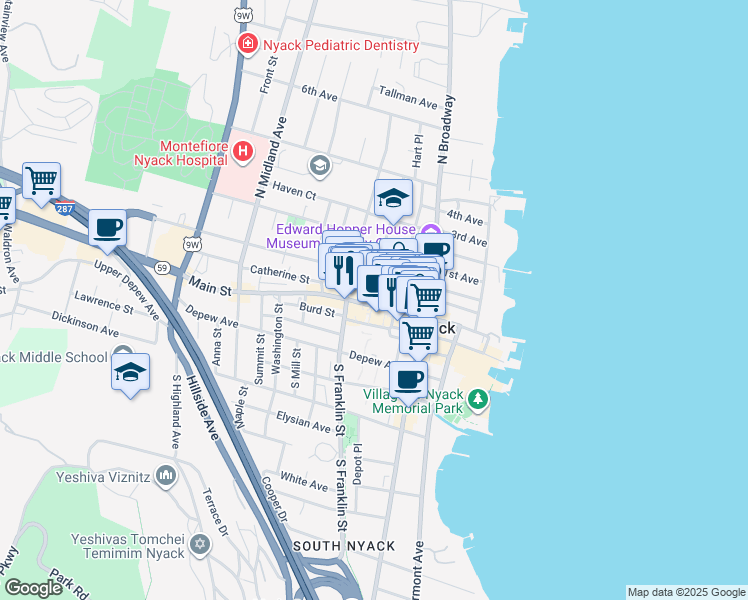 map of restaurants, bars, coffee shops, grocery stores, and more near 120 Main Street in Nyack