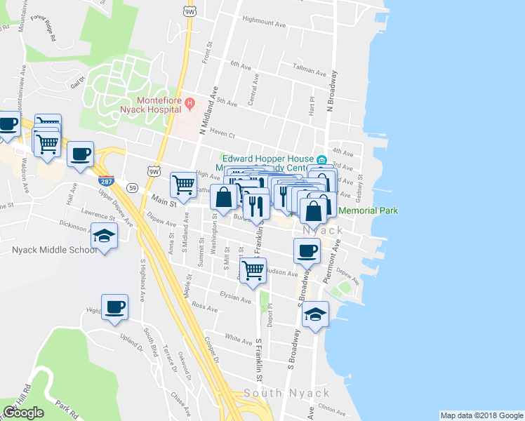 map of restaurants, bars, coffee shops, grocery stores, and more near Main Street & North Franklin Street in Nyack