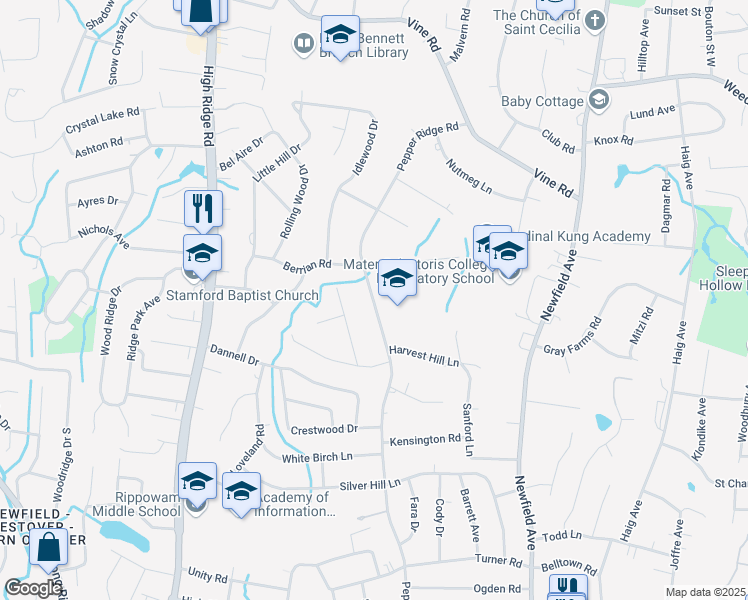map of restaurants, bars, coffee shops, grocery stores, and more near 349 Pepper Ridge Road in Stamford