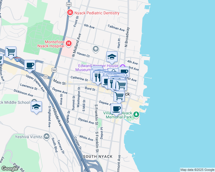 map of restaurants, bars, coffee shops, grocery stores, and more near 117 Main Street in Nyack