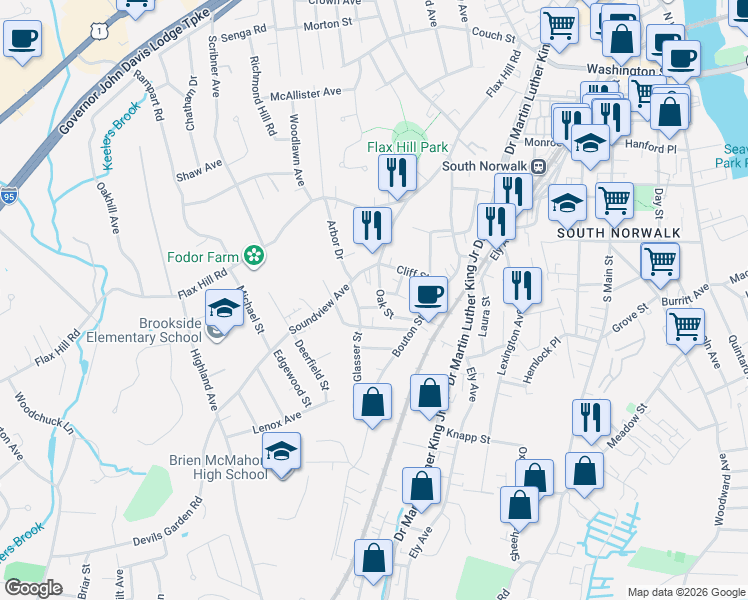 map of restaurants, bars, coffee shops, grocery stores, and more near 9 Talmadge Place in Norwalk
