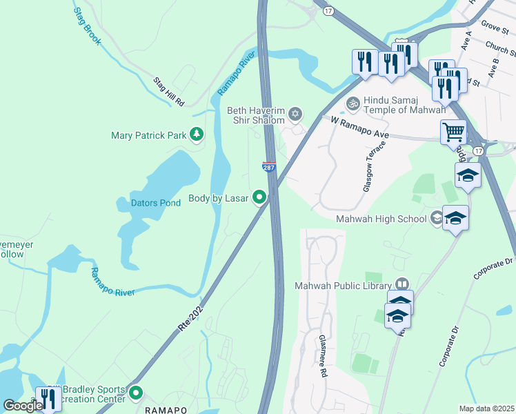 map of restaurants, bars, coffee shops, grocery stores, and more near 340 Ramapo Valley Road in Mahwah