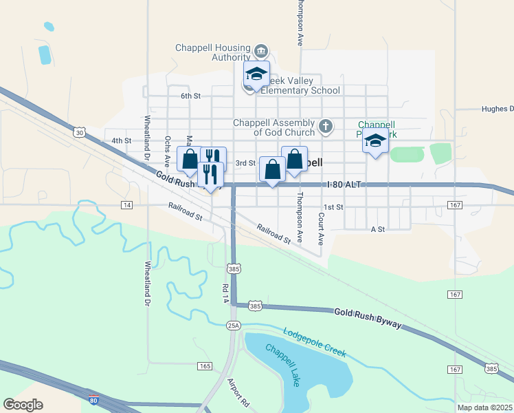 map of restaurants, bars, coffee shops, grocery stores, and more near 6 Hayward Avenue in Chappell