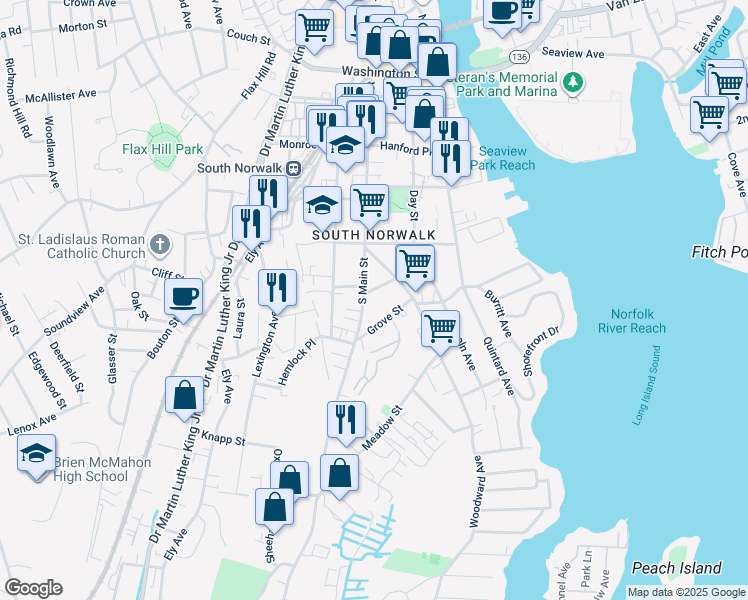 map of restaurants, bars, coffee shops, grocery stores, and more near 146 South Main Street in Norwalk