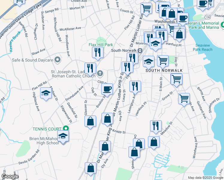 map of restaurants, bars, coffee shops, grocery stores, and more near 30 Bouton Street in Norwalk