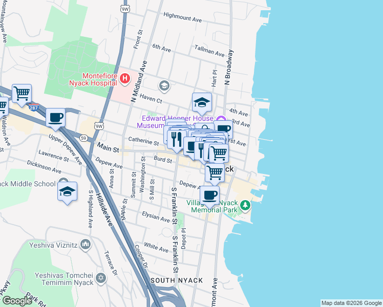map of restaurants, bars, coffee shops, grocery stores, and more near 117 Main Street in Nyack