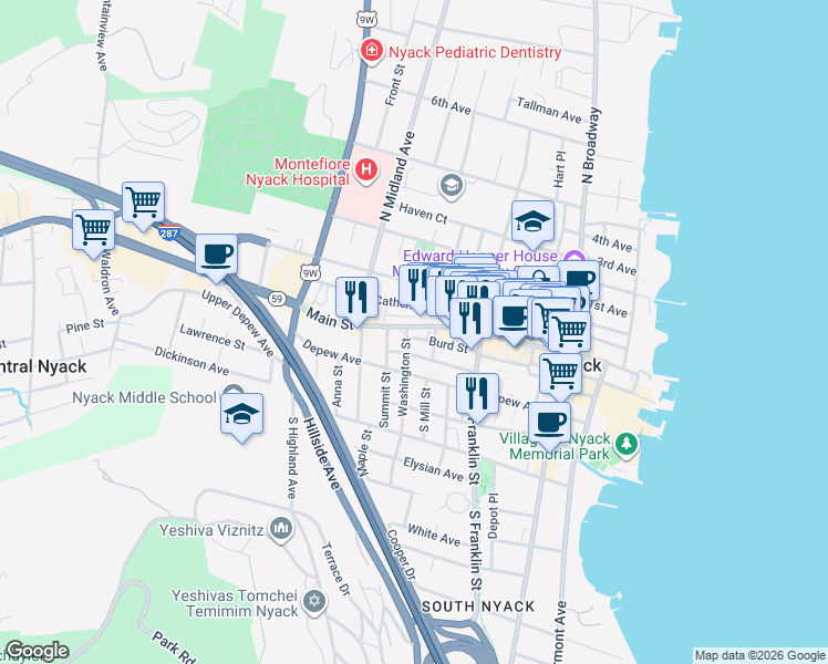 map of restaurants, bars, coffee shops, grocery stores, and more near 21 Washington Street in Nyack