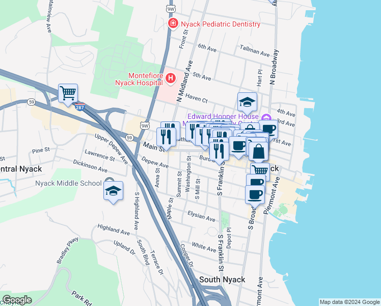map of restaurants, bars, coffee shops, grocery stores, and more near 21 Washington Street in Nyack