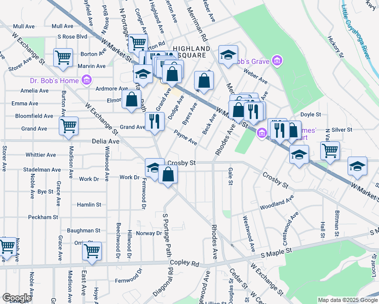 map of restaurants, bars, coffee shops, grocery stores, and more near 131 Beck Avenue in Akron