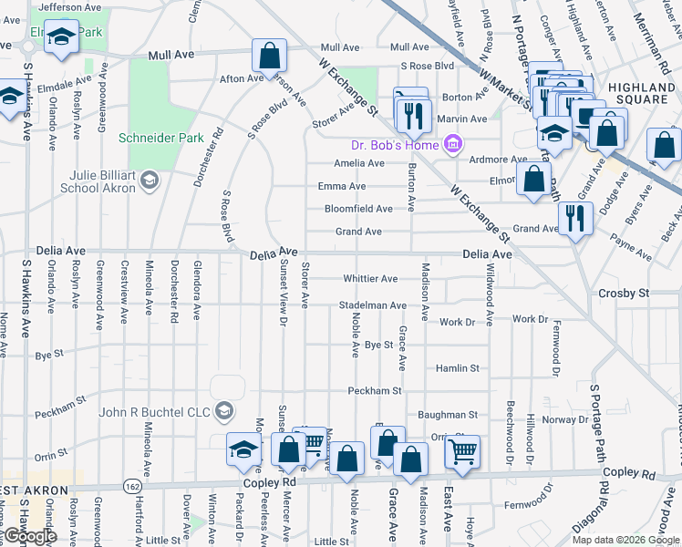 map of restaurants, bars, coffee shops, grocery stores, and more near 415 Storer Avenue in Akron