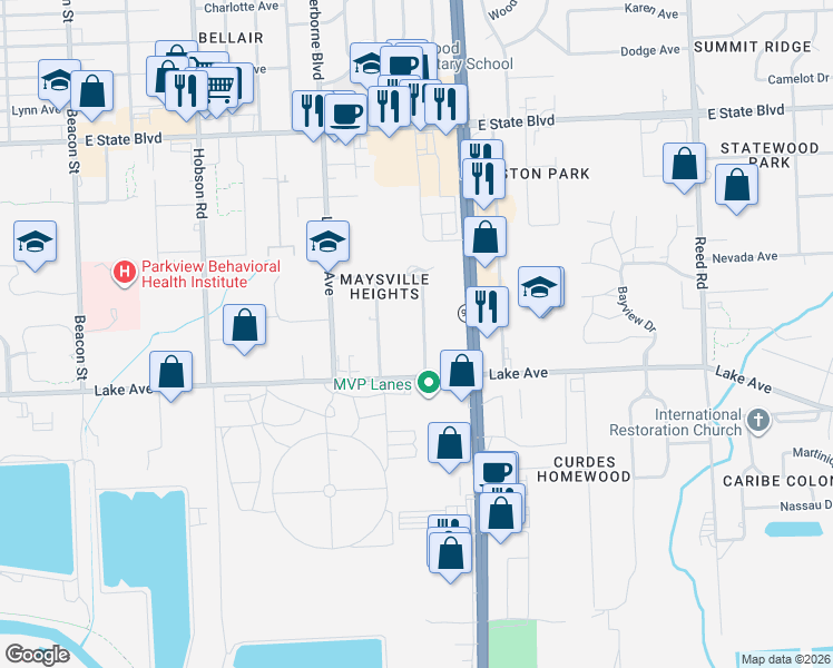 map of restaurants, bars, coffee shops, grocery stores, and more near 3737 Lake Avenue in Fort Wayne